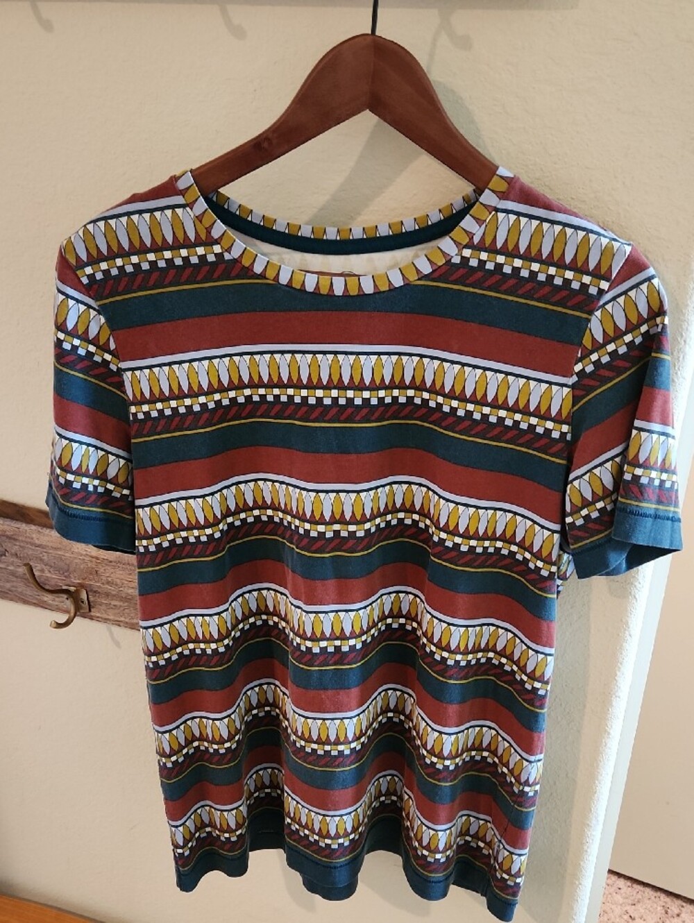 Tory Burch Short-Sleeve Geo Stripe Tee in Maroon, Teal & Yellow
